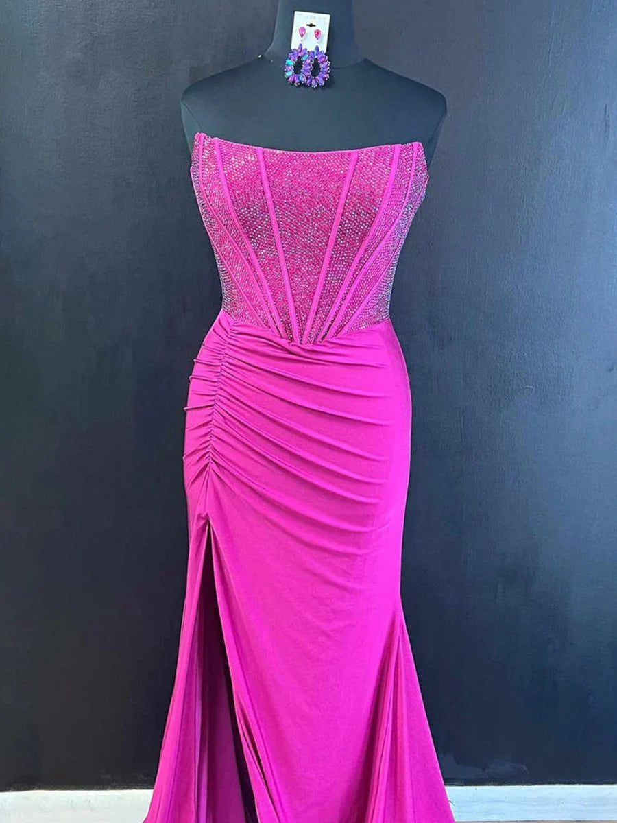 Fuchsia Satin  Beading Mermaid Strapless Side Slit Corset Long Prom Dress Evening Dress