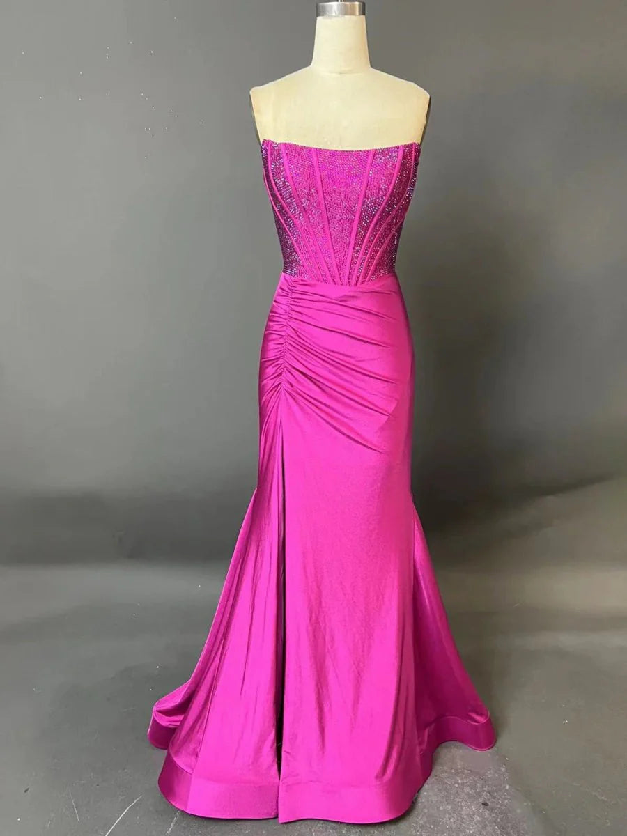 Fuchsia Satin  Beading Mermaid Strapless Side Slit Corset Long Prom Dress Evening Dress