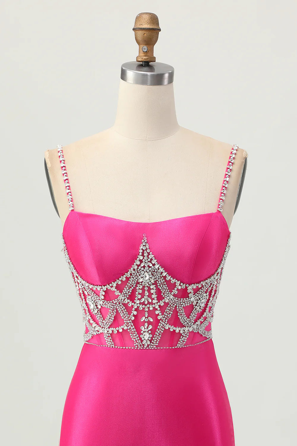 Shiny Fuchsia Satin Bodycon Spaghetti Straps Slit Short Homecoming Dress With Diamond