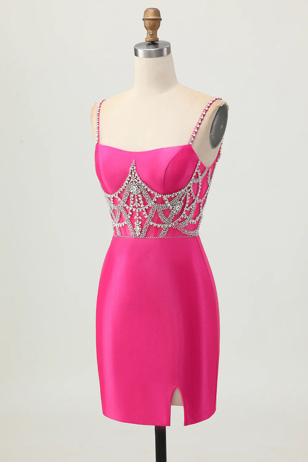 Shiny Fuchsia Satin Bodycon Spaghetti Straps Slit Short Homecoming Dress With Diamond