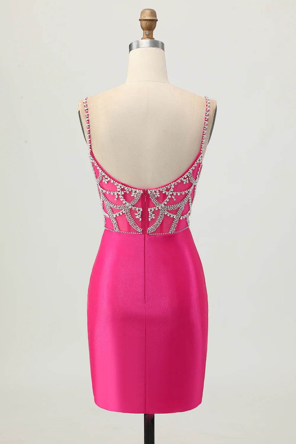Shiny Fuchsia Satin Bodycon Spaghetti Straps Slit Short Homecoming Dress With Diamond