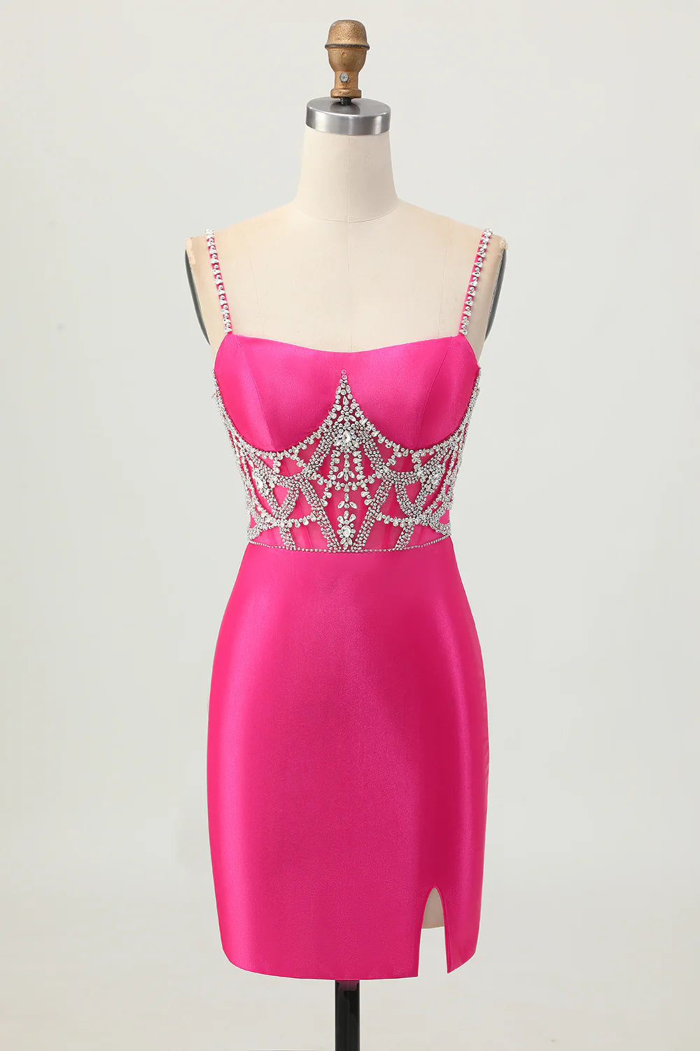 Shiny Fuchsia Satin Bodycon Spaghetti Straps Slit Short Homecoming Dress With Diamond