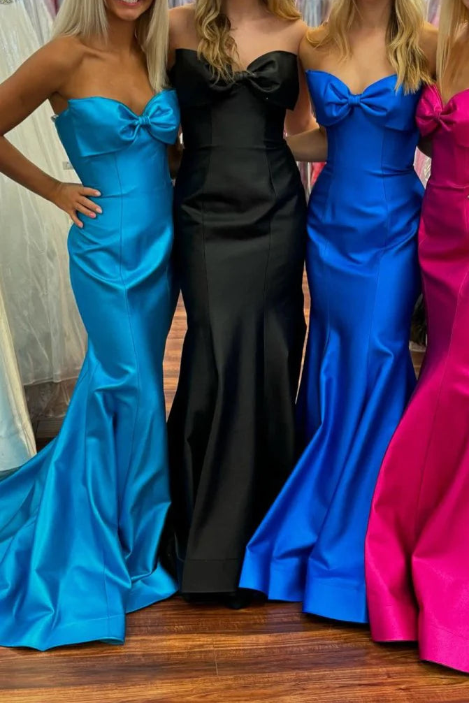 Fuchsia Satin Bow Strapless Mermaid Long Formal Dress With Sweep Train Fuchsia Satin Evening Dress