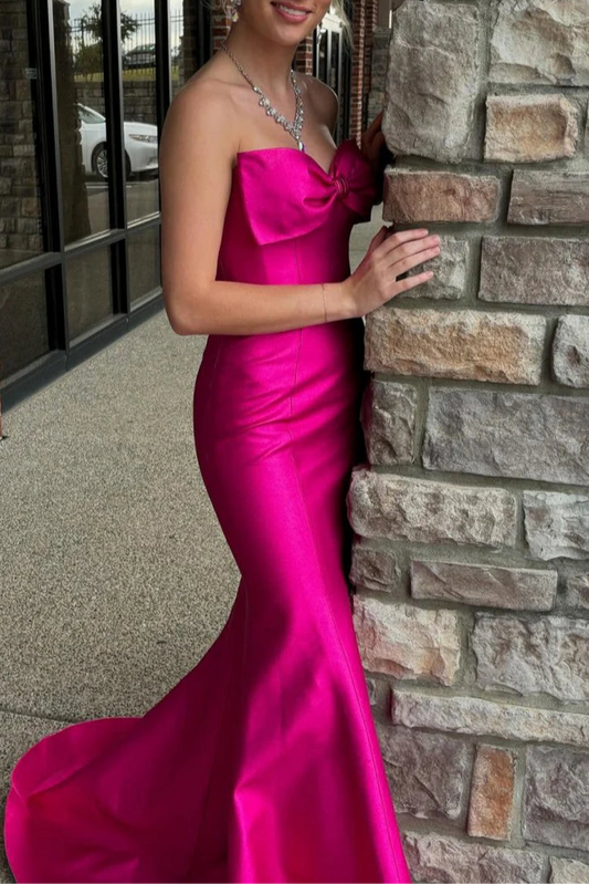 Fuchsia Satin Bow Strapless Mermaid Long Formal Dress With Sweep Train Fuchsia Satin Evening Dress