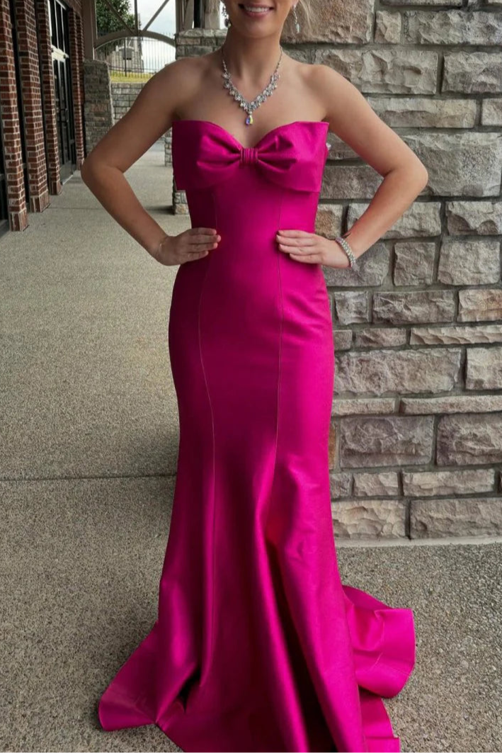 Fuchsia Satin Bow Strapless Mermaid Long Formal Dress With Sweep Train Fuchsia Satin Evening Dress