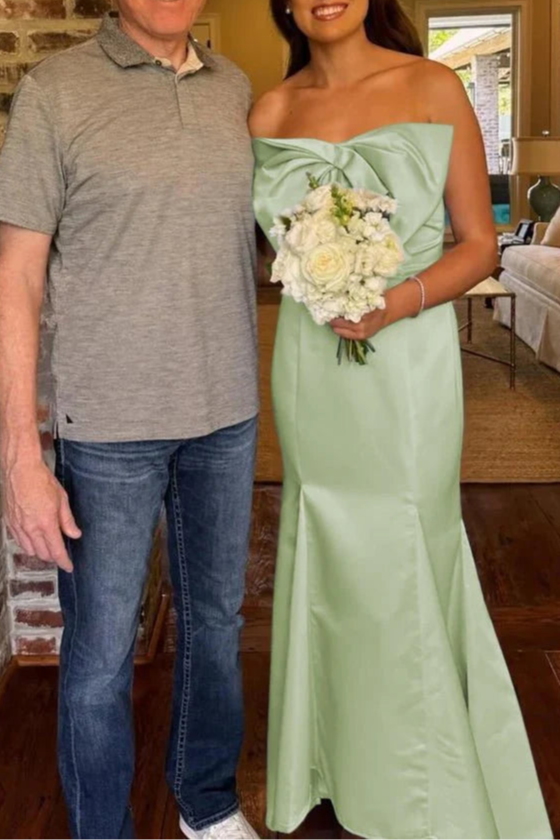 Fuchsia Satin Bow Strapless Mermaid Long Formal Dress With Sweep Train Fuchsia Satin Evening Dress