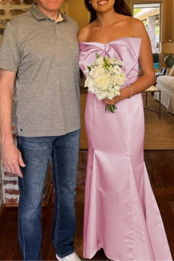 Fuchsia Satin Bow Strapless Mermaid Long Formal Dress With Sweep Train Fuchsia Satin Evening Dress