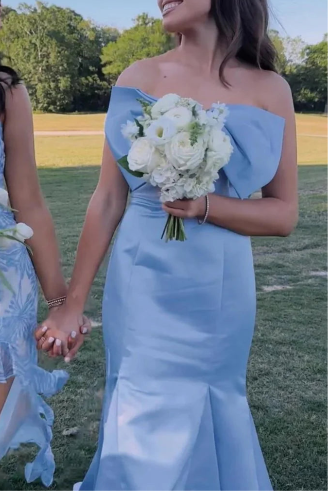 Fuchsia Satin Bow Strapless Mermaid Long Formal Dress With Sweep Train Fuchsia Satin Evening Dress