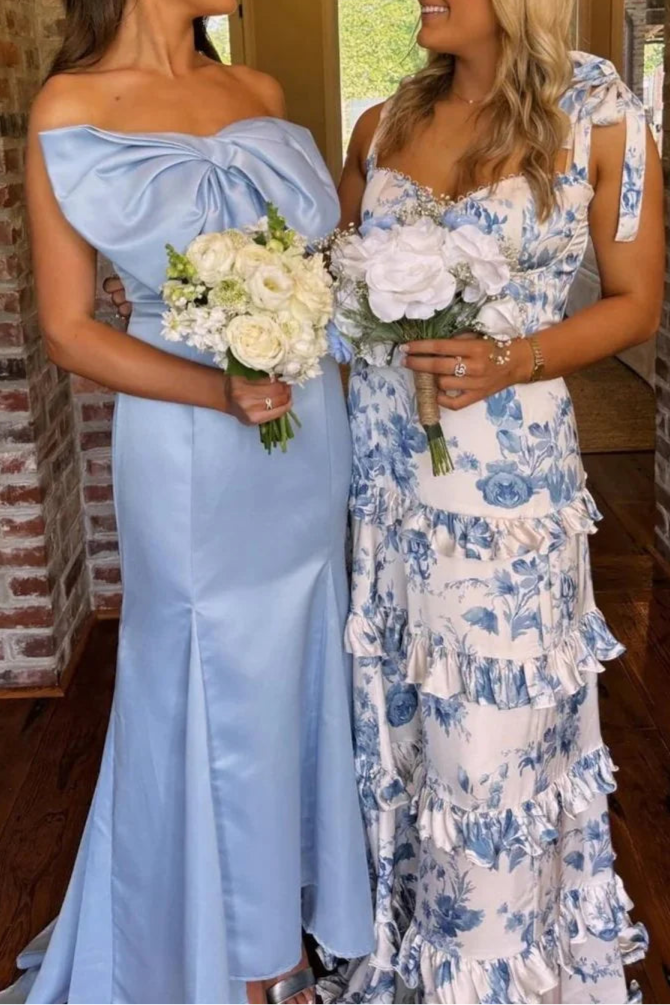 Fuchsia Satin Bow Strapless Mermaid Long Formal Dress With Sweep Train Fuchsia Satin Evening Dress