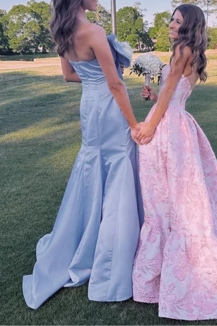 Fuchsia Satin Bow Strapless Mermaid Long Formal Dress With Sweep Train Fuchsia Satin Evening Dress