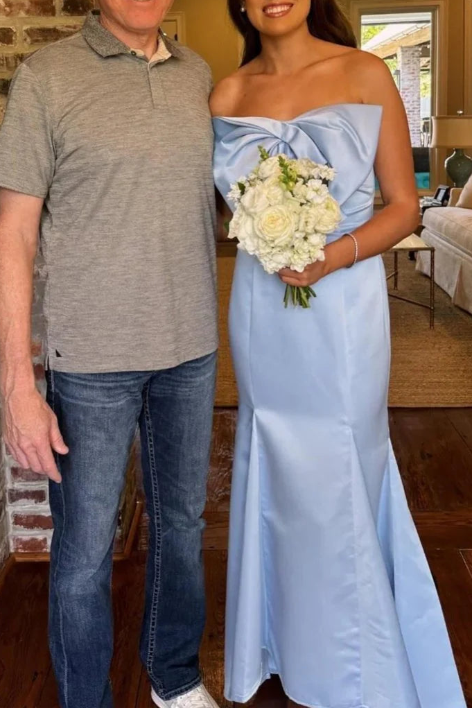 Fuchsia Satin Bow Strapless Mermaid Long Formal Dress With Sweep Train Fuchsia Satin Evening Dress