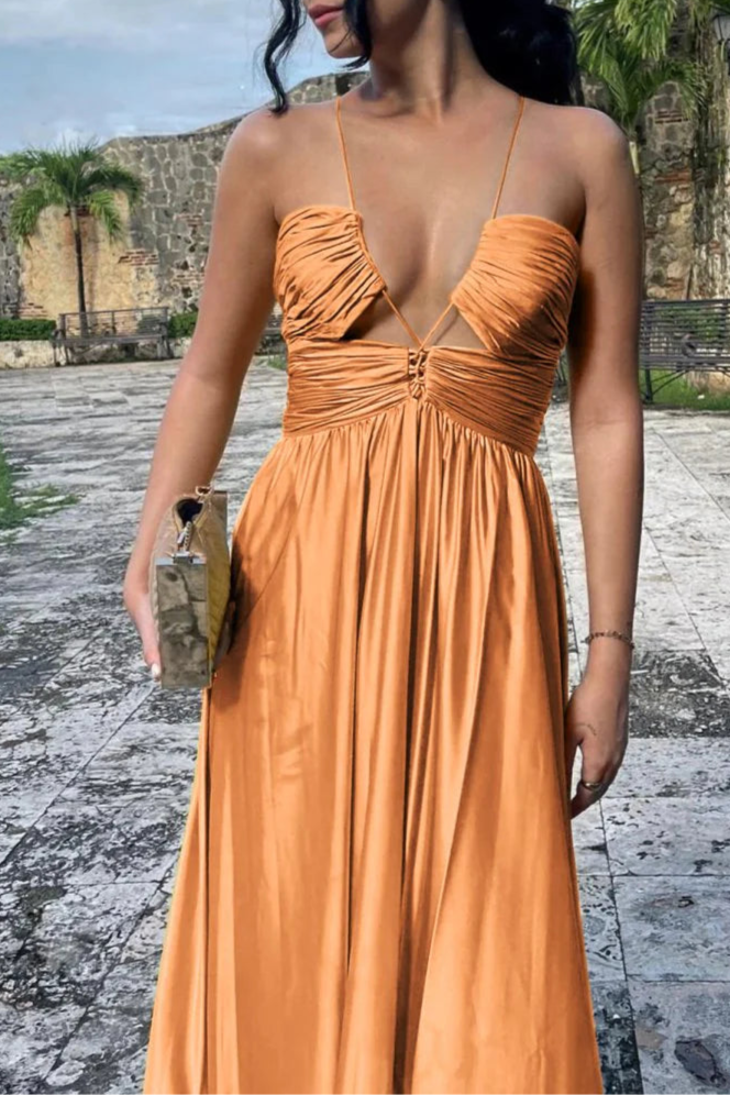 Fuchsia Satin Criss-cross Ruched Spaghetti Straps Halter Sleeveless A-line Long Evening Dress