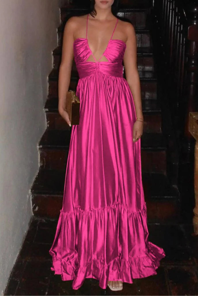 Fuchsia Satin Criss-cross Ruched Spaghetti Straps Halter Sleeveless A-line Long Evening Dress