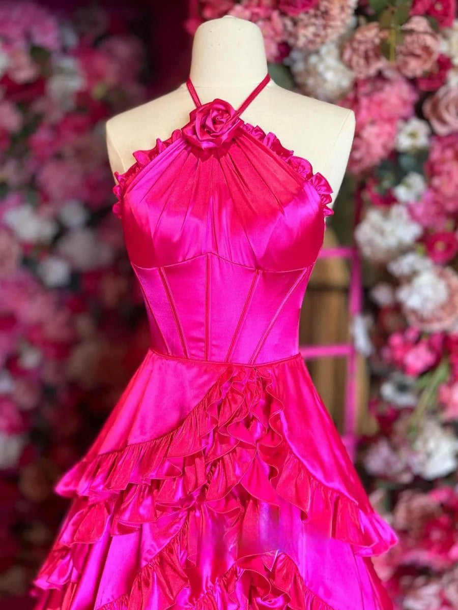 Fuchsia Satin Halter Neck Tiered Ruffles Long Prom Dress Discount Long Party Dresses For Ladies