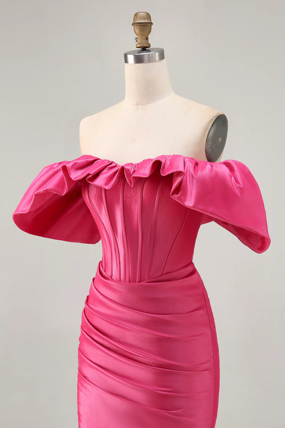 Fuchsia Satin Off The Shoulder Ruffled Pleated Tight Short Homecoming Dress Lovely Party Dress