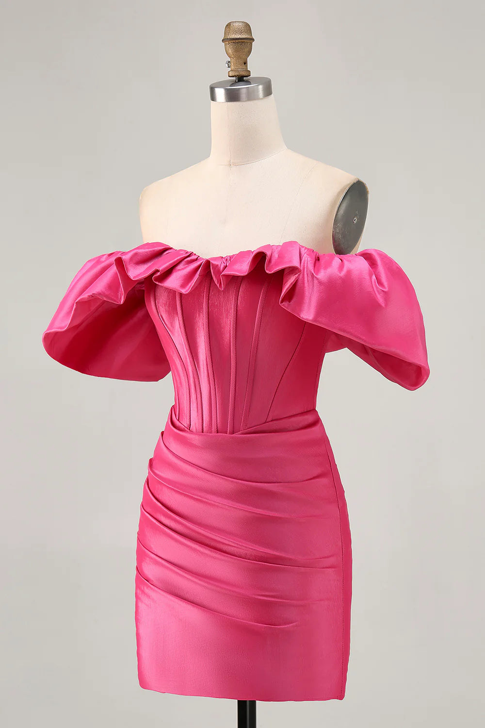 Fuchsia Satin Off The Shoulder Ruffled Pleated Tight Short Homecoming Dress Lovely Party Dress