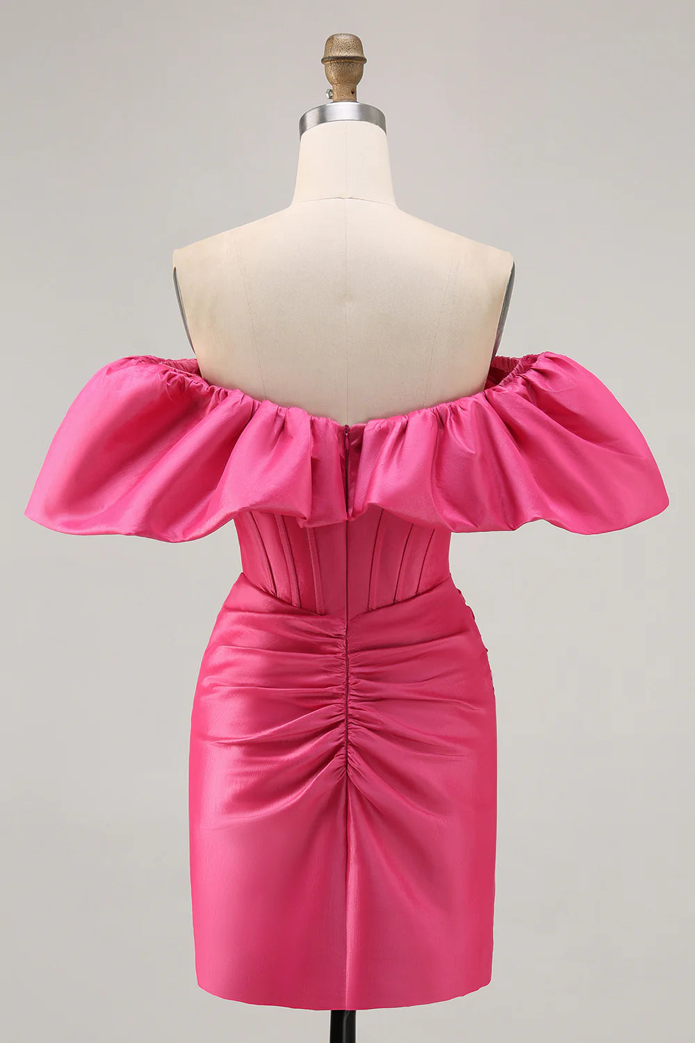 Fuchsia Satin Off The Shoulder Ruffled Pleated Tight Short Homecoming Dress Lovely Party Dress