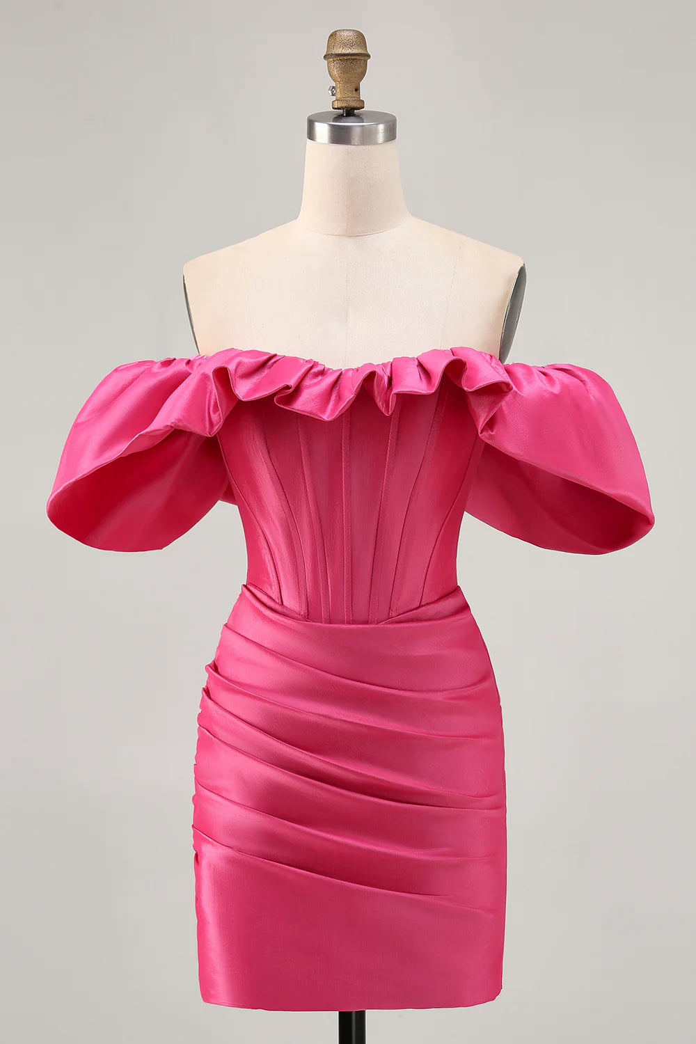 Fuchsia Satin Off The Shoulder Ruffled Pleated Tight Short Homecoming Dress Lovely Party Dress