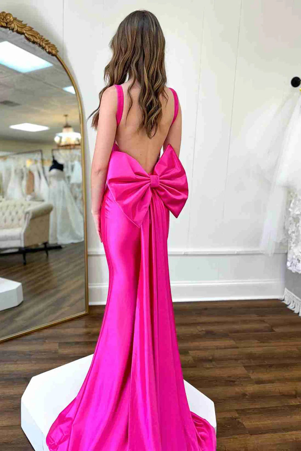 Fuchsia Satin Pleated Straps Open Back Mermaid Evening Dress Formal Gown With Bow
