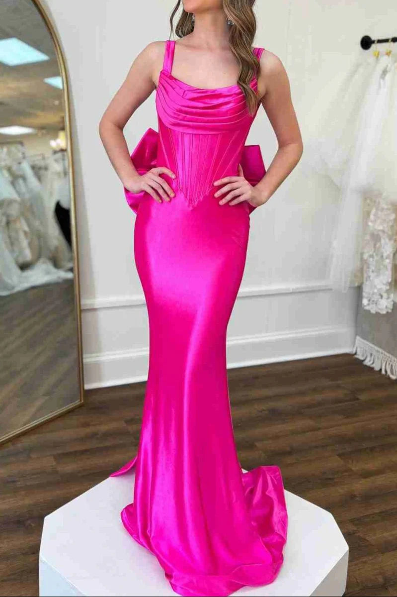 Fuchsia Satin Pleated Straps Open Back Mermaid Evening Dress Formal Gown With Bow