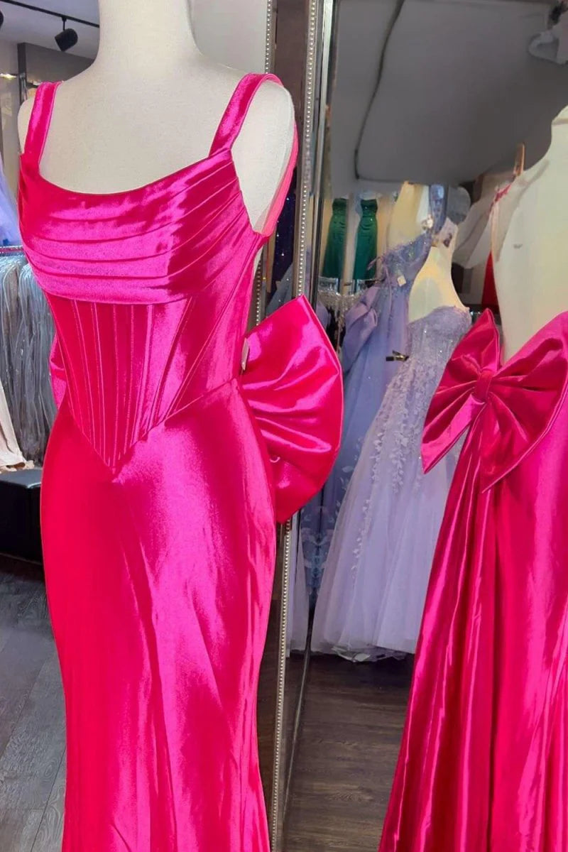 Fuchsia Satin Pleated Straps Open Back Mermaid Evening Dress Formal Gown With Bow