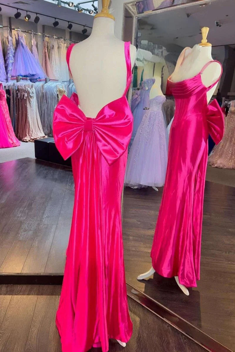 Fuchsia Satin Pleated Straps Open Back Mermaid Evening Dress Formal Gown With Bow