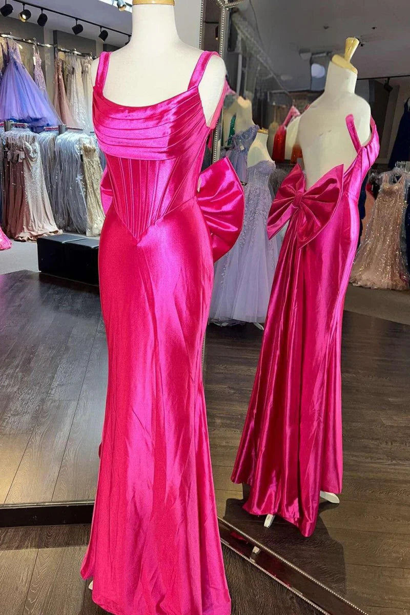 Fuchsia Satin Pleated Straps Open Back Mermaid Evening Dress Formal Gown With Bow