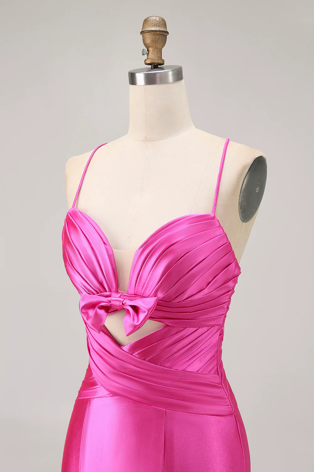 Fuchsia Spaghetti Straps Cut Out Pleated Tight Homecoming Dress Short Party Dress With Bow