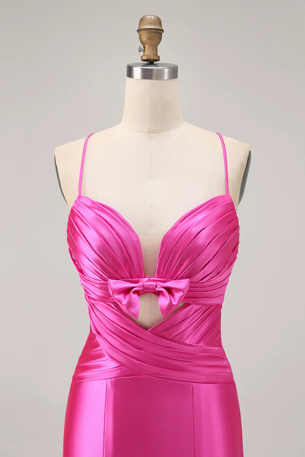 Fuchsia Spaghetti Straps Cut Out Pleated Tight Homecoming Dress Short Party Dress With Bow