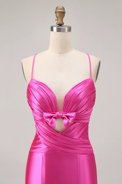 Fuchsia Spaghetti Straps Cut Out Pleated Tight Homecoming Dress Short Party Dress With Bow