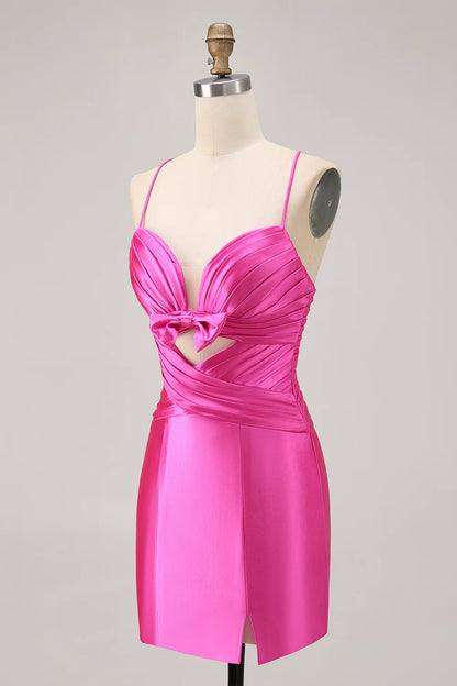 Fuchsia Spaghetti Straps Cut Out Pleated Tight Homecoming Dress Short Party Dress With Bow