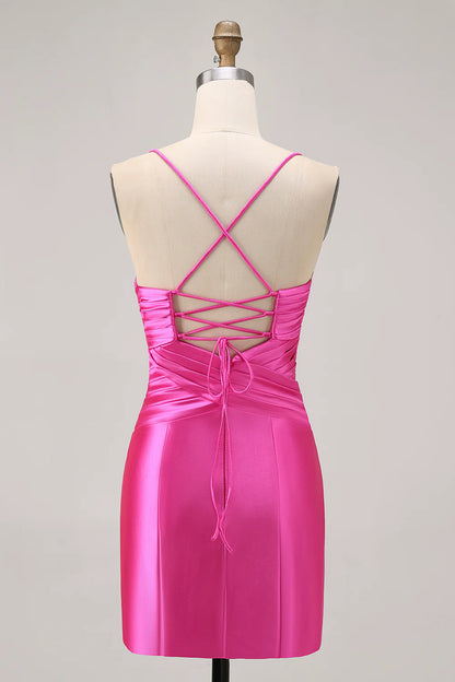 Fuchsia Spaghetti Straps Cut Out Pleated Tight Homecoming Dress Short Party Dress With Bow