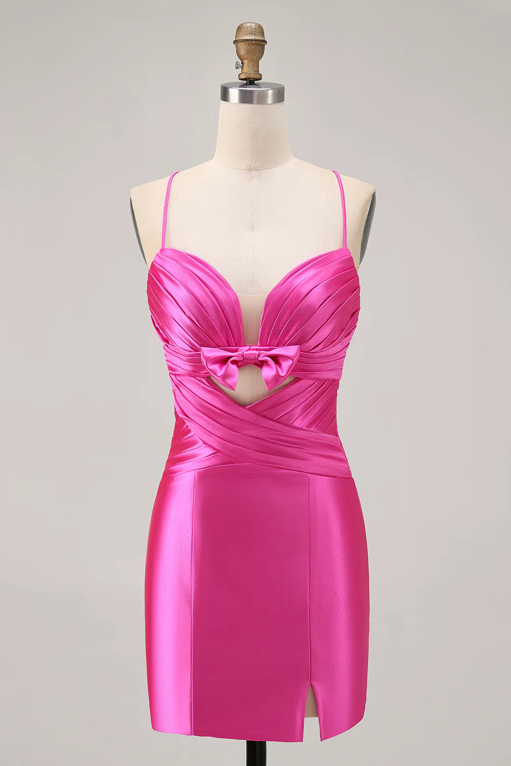 Fuchsia Spaghetti Straps Cut Out Pleated Tight Homecoming Dress Short Party Dress With Bow