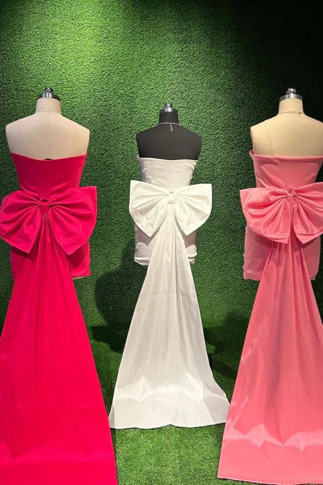 Red Strapless Ruched Satin Bowknot Homecoming Dress With Streamer Short Party Dress