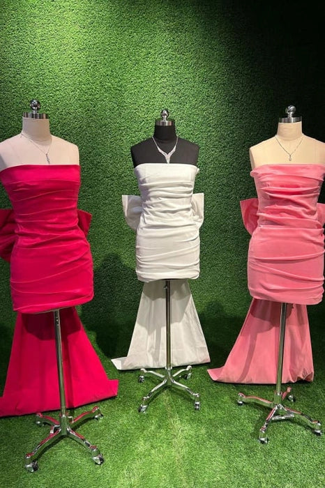 Red Strapless Ruched Satin Bowknot Homecoming Dress With Streamer Short Party Dress