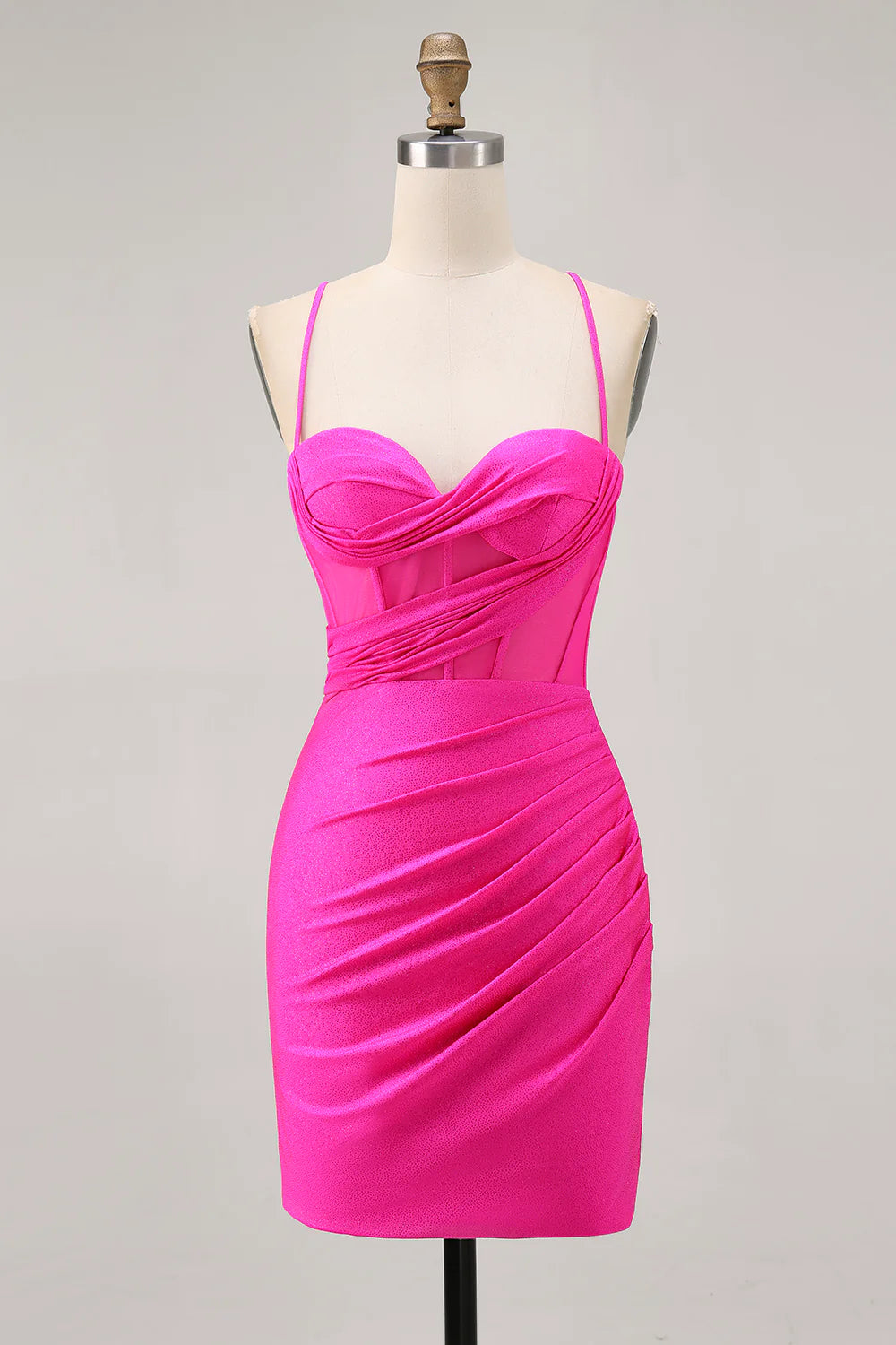 Fuchsia Sweetheart Collar Spaghetti Straps Corset Ruched Tight Short Homecoming Dress