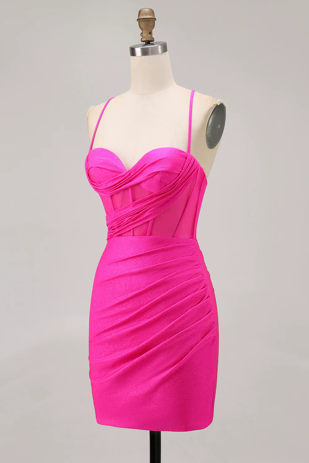 Fuchsia Sweetheart Collar Spaghetti Straps Corset Ruched Tight Short Homecoming Dress