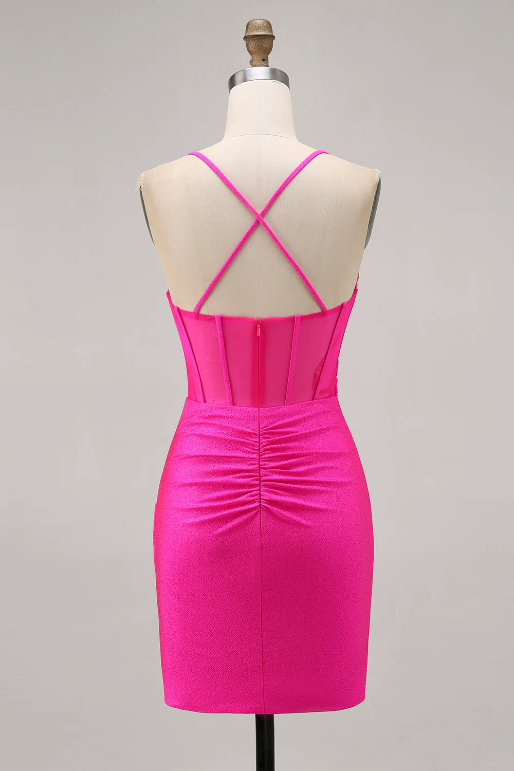 Fuchsia Sweetheart Collar Spaghetti Straps Corset Ruched Tight Short Homecoming Dress