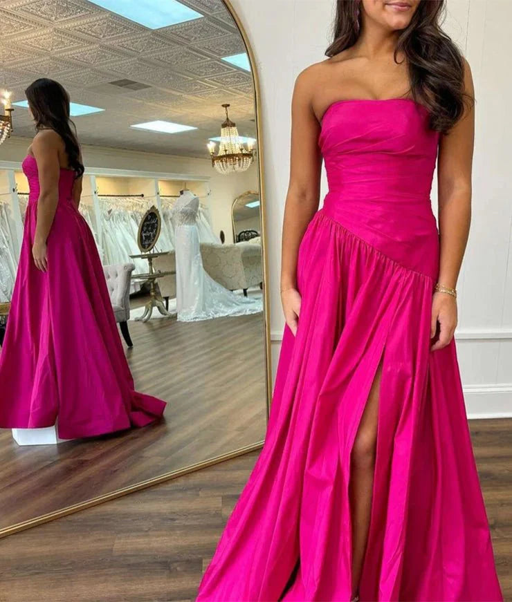 Fuchsia Taffeta Strapless A-line Long Evening Dress Fuchsia Taffeta Formal Dress With Sweep Train