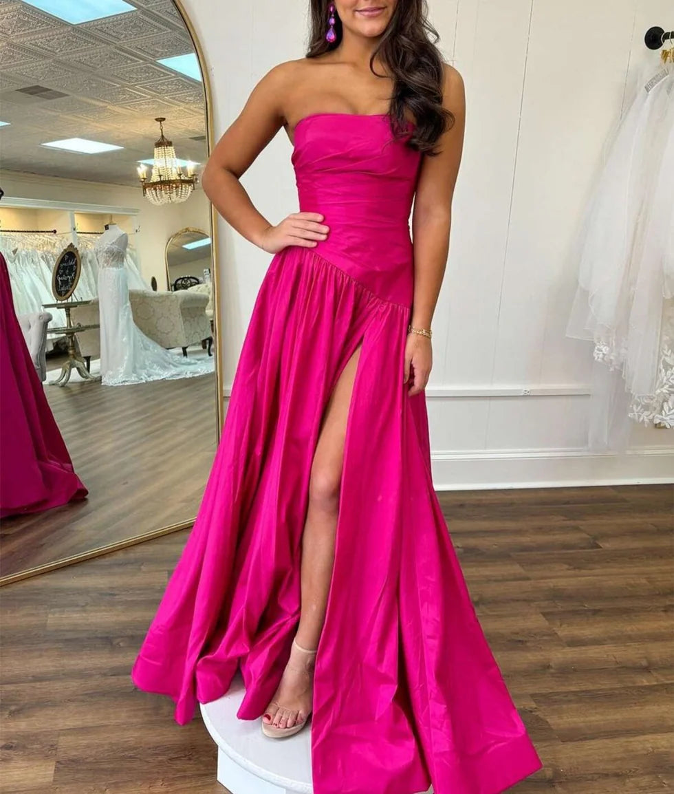 Fuchsia Taffeta Strapless A-line Long Evening Dress Fuchsia Taffeta Formal Dress With Sweep Train
