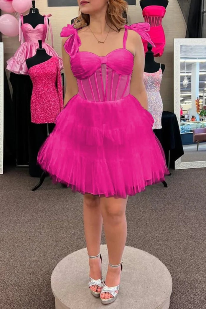 Fuchsia Tiered Tulle Ruffles A Line Sweetheart Short Homecoming Dresses With Bow Straps