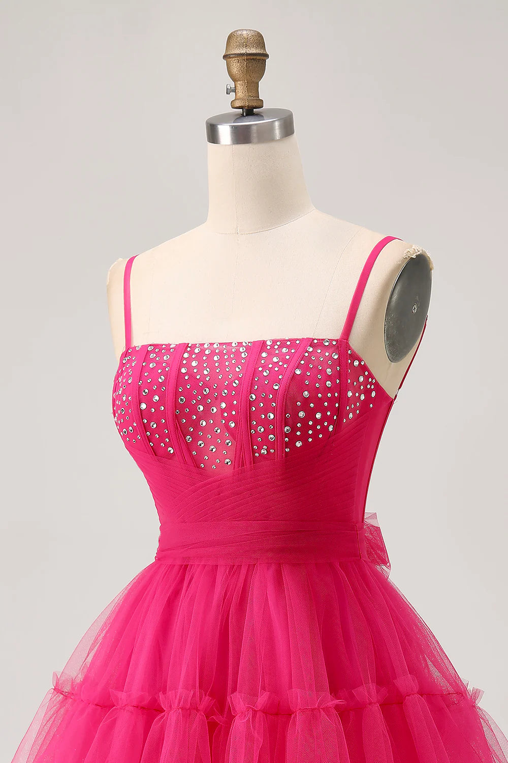 Fuchsia Tulle A Line Spaghetti Straps Corset Beaded Lace-Up Back Short Homecoming Dress