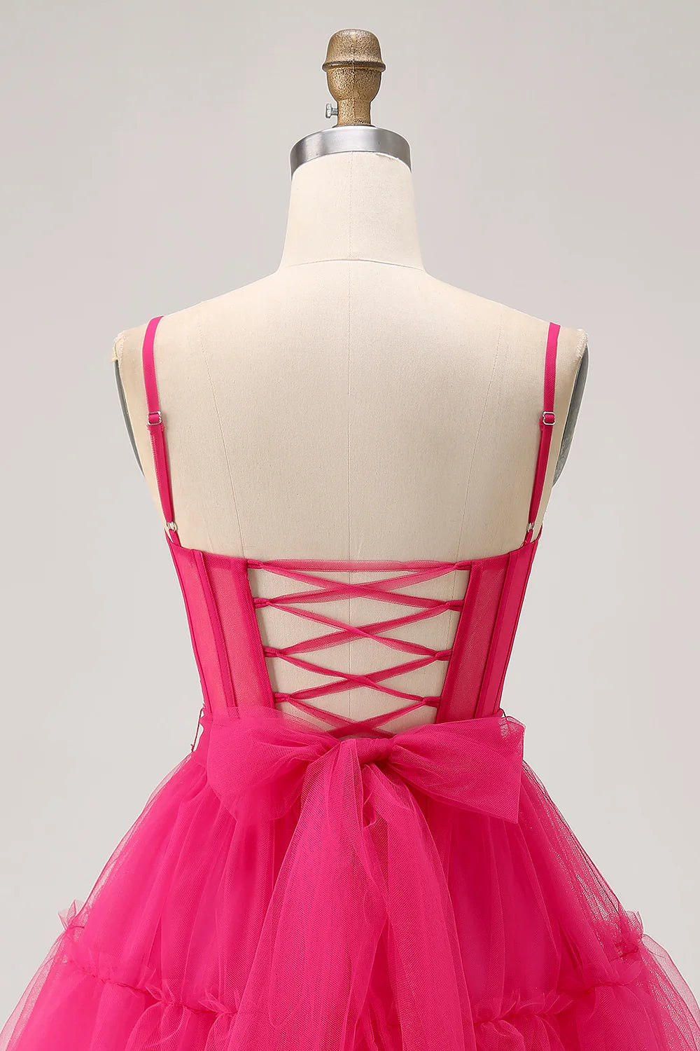 Fuchsia Tulle A Line Spaghetti Straps Corset Beaded Lace-Up Back Short Homecoming Dress
