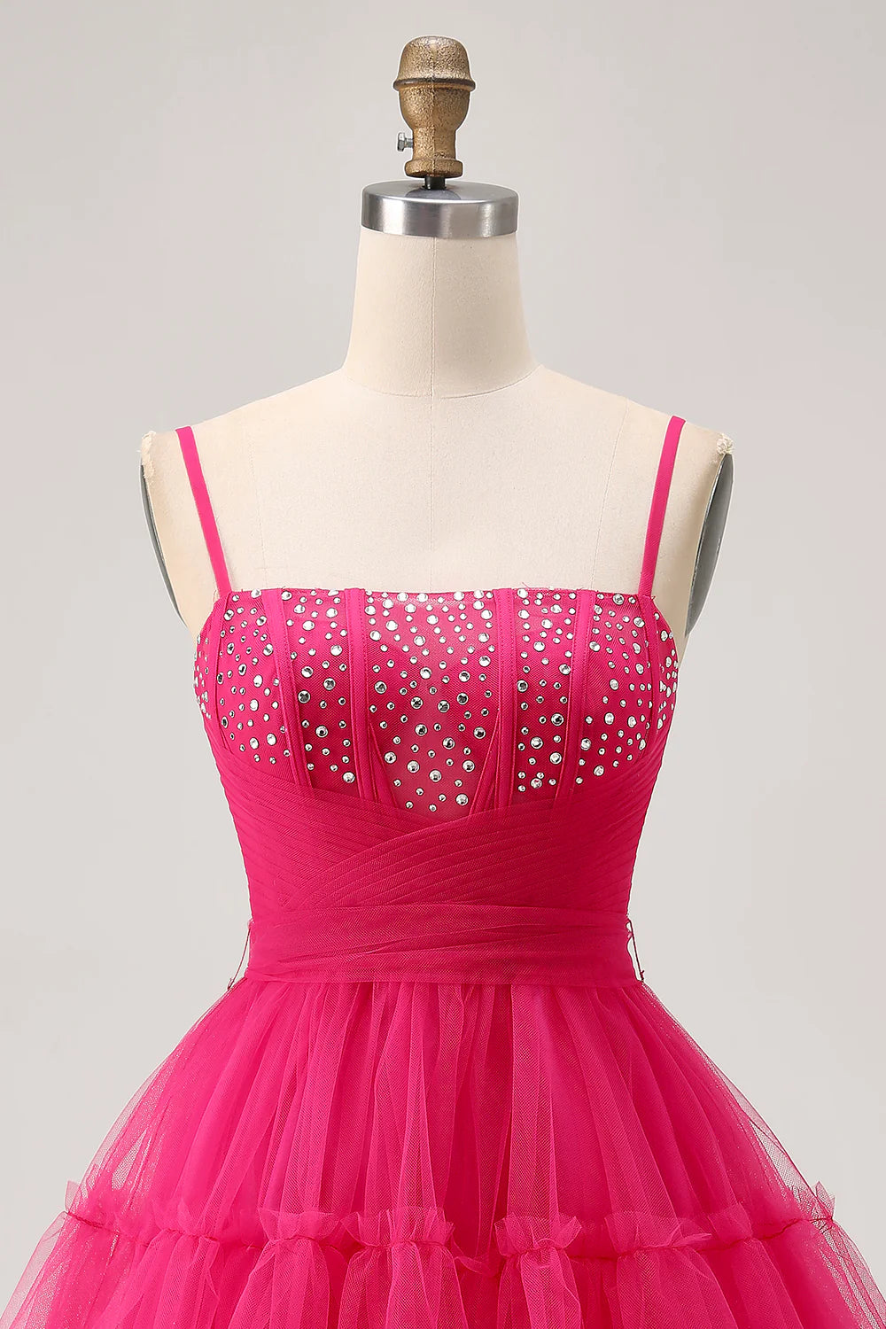 Fuchsia Tulle A Line Spaghetti Straps Corset Beaded Lace-Up Back Short Homecoming Dress