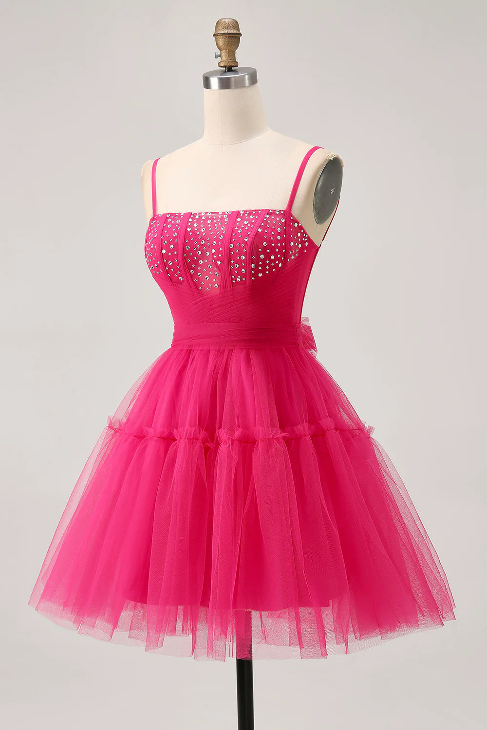 Fuchsia Tulle A Line Spaghetti Straps Corset Beaded Lace-Up Back Short Homecoming Dress