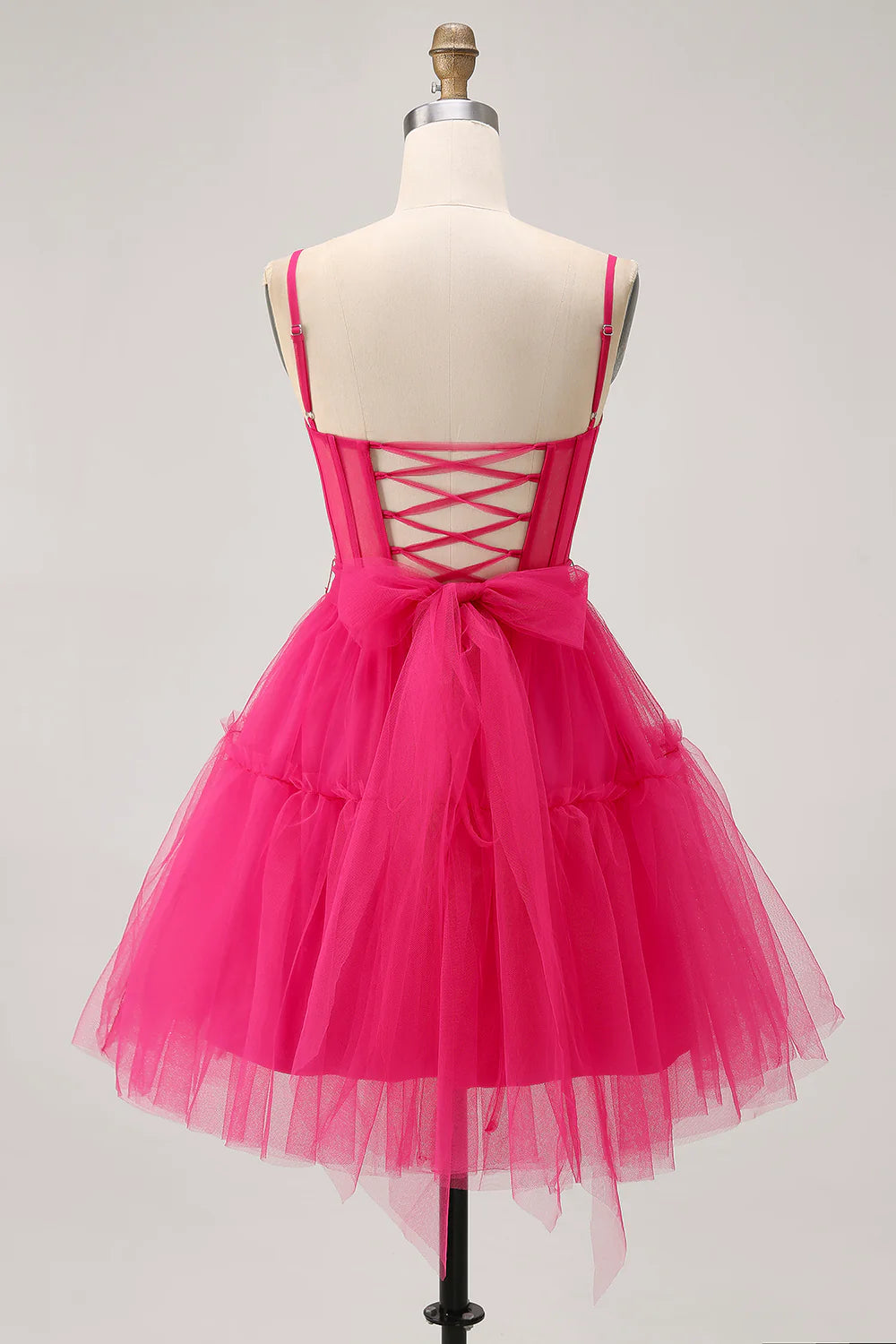 Fuchsia Tulle A Line Spaghetti Straps Corset Beaded Lace-Up Back Short Homecoming Dress