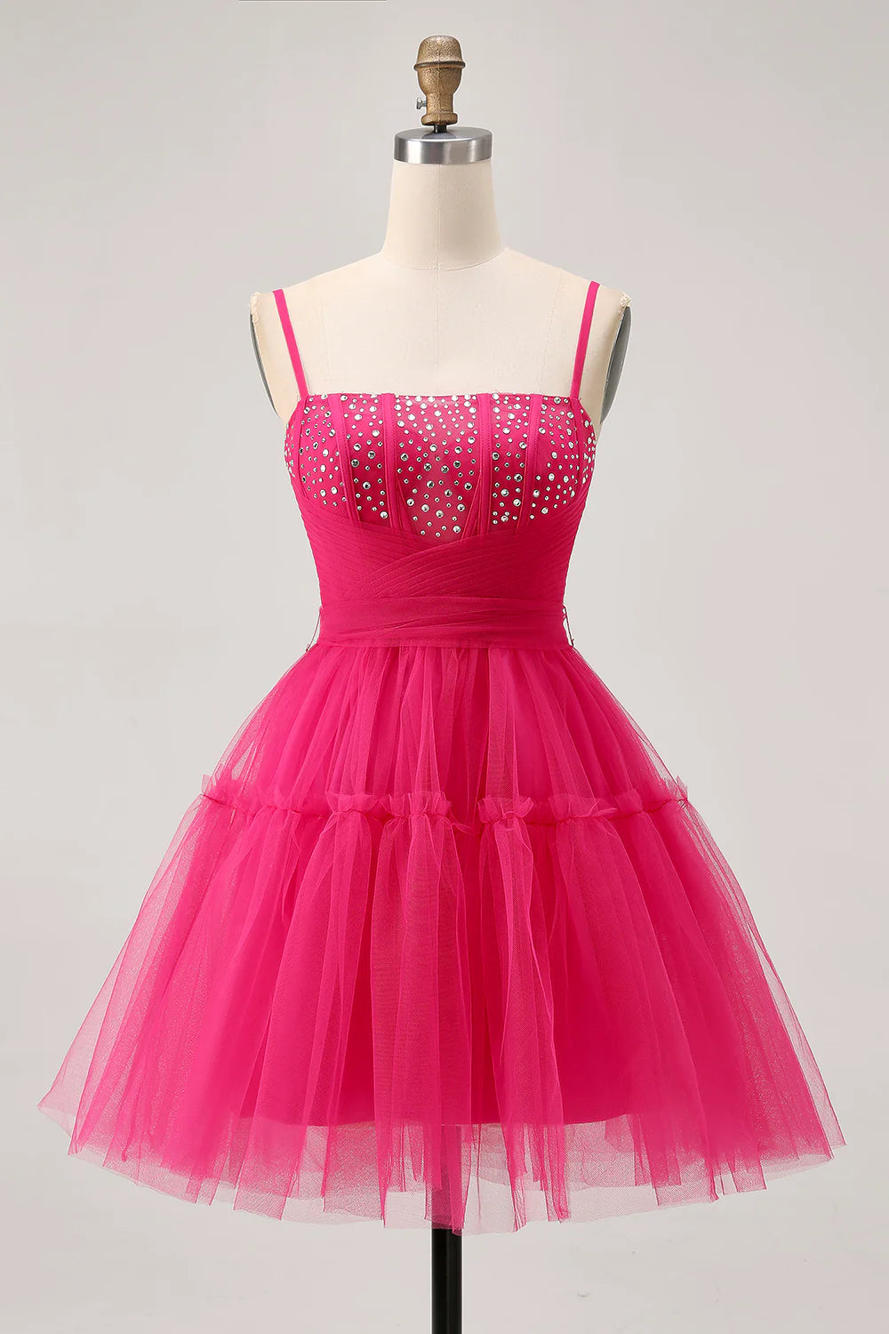 Fuchsia Tulle A Line Spaghetti Straps Corset Beaded Lace-Up Back Short Homecoming Dress