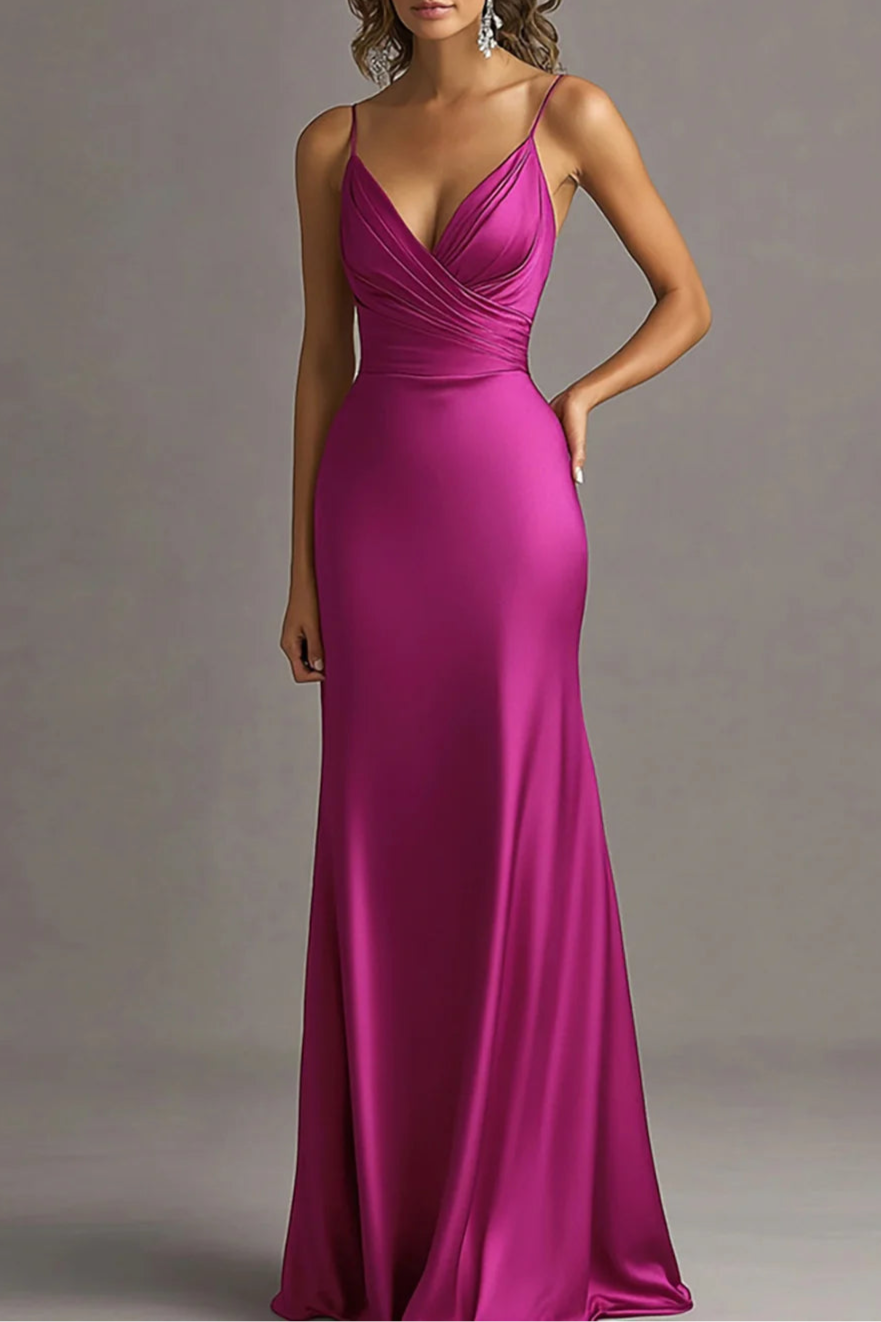 Fuchsia V Neck Spaghetti Straps Sheath Ruched Full Length Evening Dress Fuchsia Party Dress