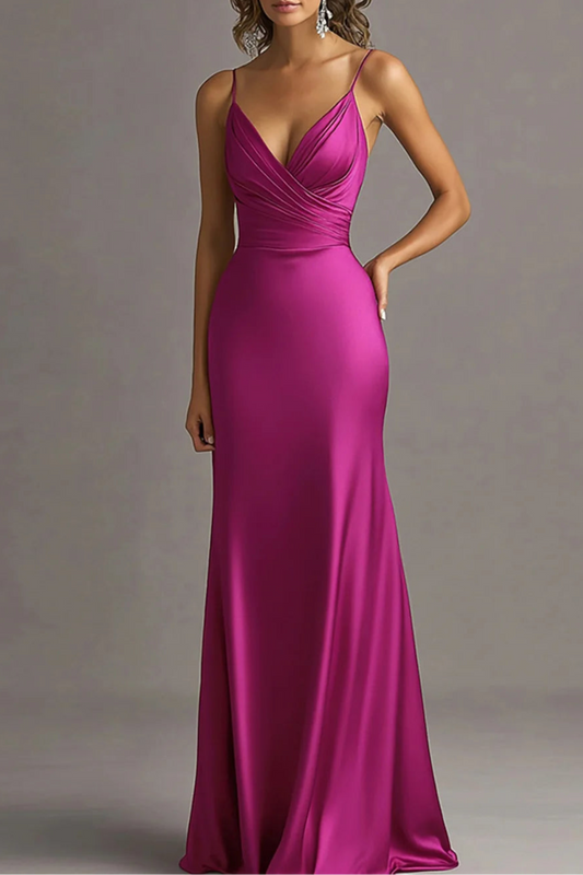 Fuchsia V Neck Spaghetti Straps Sheath Ruched Full Length Evening Dress Fuchsia Party Dress