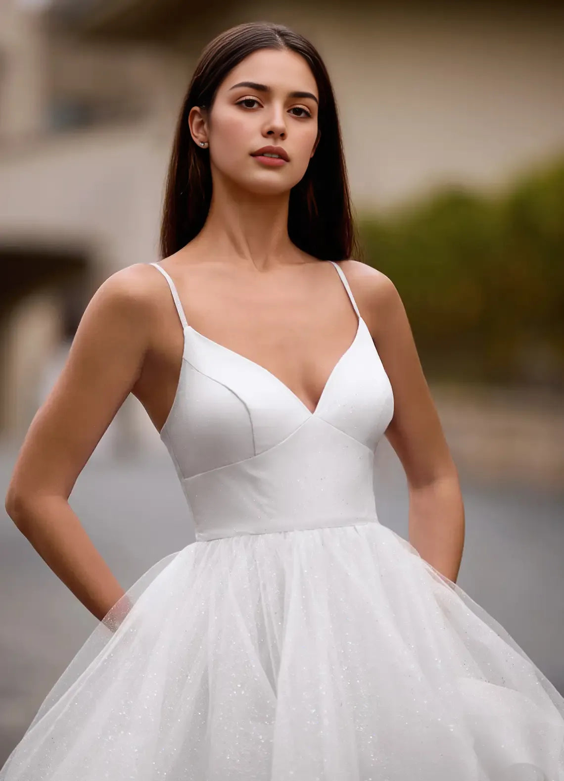 Full Of Charm A-line V Neck Ruffles Layers Glitter Tulle Ivory Prom Dress